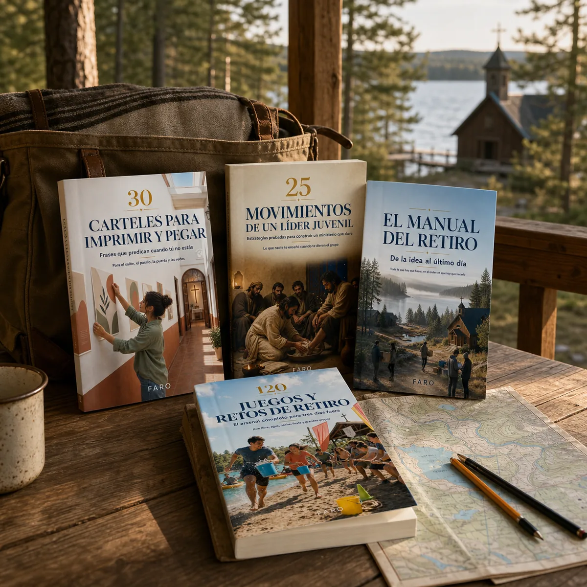 Mockups de libros FARO sobre liderazgo y retiros
