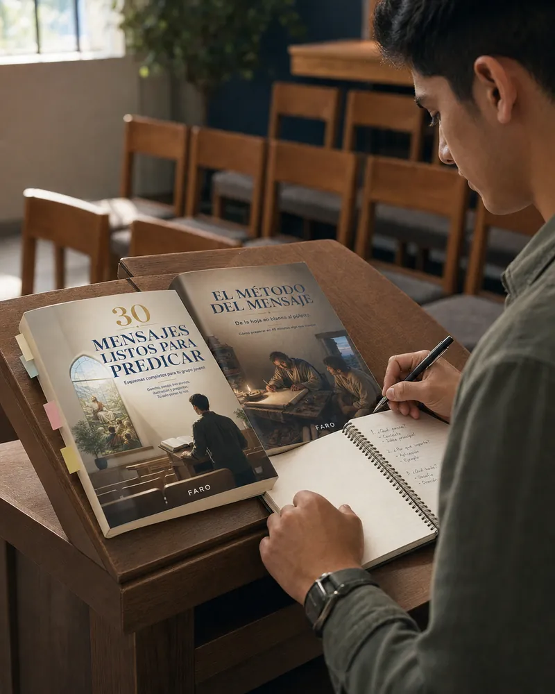 Libros FARO utilizados para preparar un mensaje en el púlpito